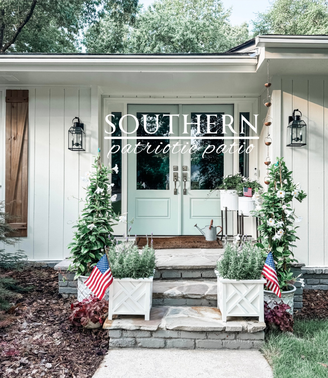 Patriotic front entry 🇺🇸 

#planter #americanflag #outdoorlighting #planters #wateringcan

#LTKFindsUnder100 #LTKHome #LTKSeasonal
