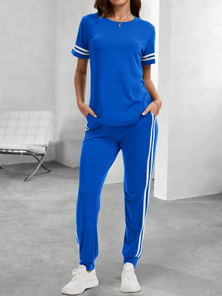 Women 2 Piece Outfits Summer Set Striped Short Sleeve Sweatsuits Crew Neck Pullover Lounge Tracks... | Amazon (US)
