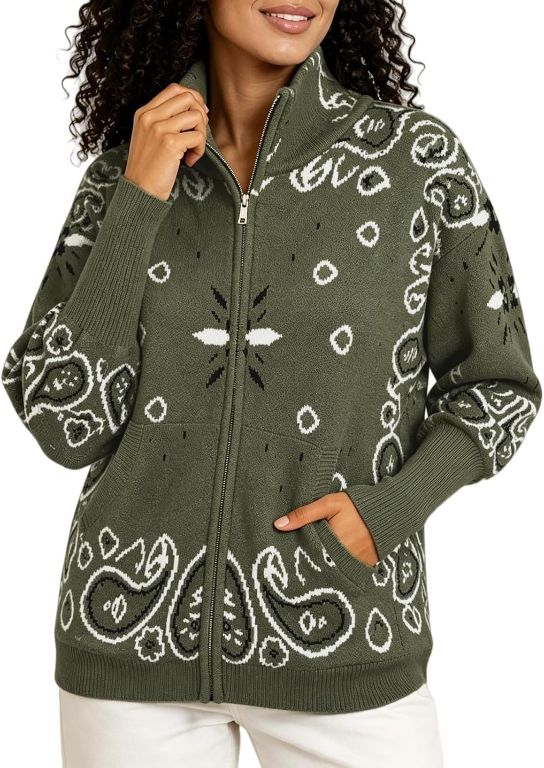 Bandana Cardigan for Women, Zip Up Printed Knit Sweater with Pockets | Amazon (US)