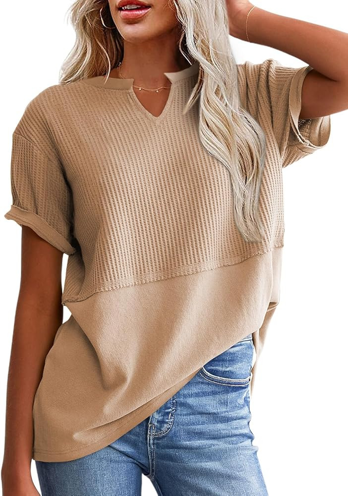 SHEWIN Womens Casual V Neck Waffle Knit Tops Short Sleeve T Shirts Loose Blouses | Amazon (US)