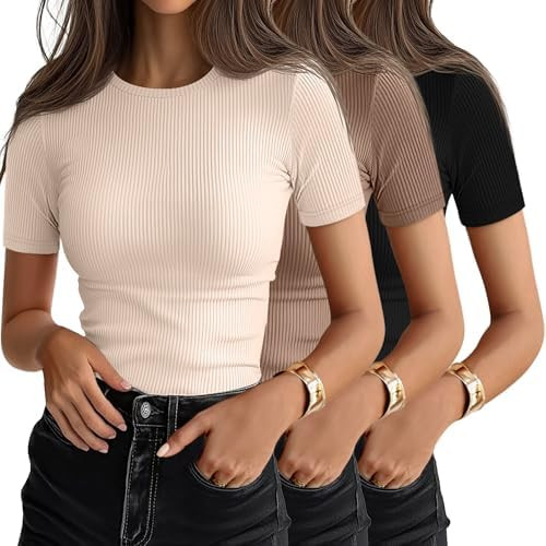 Ficerd 3 Pack Women's Ribbed T-Shirts, Cotton Short Sleeve Basic Tees Crewneck Fitted Tops Casual... | Amazon (US)