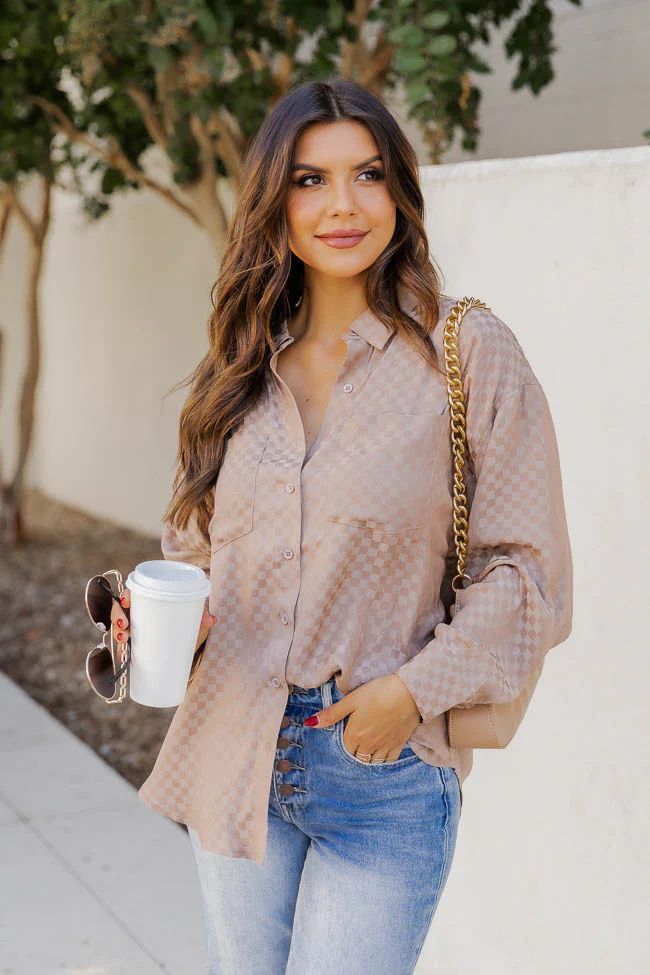 Seeing Stars Brown Checkered Satin Button Front Shirt | Pink Lily