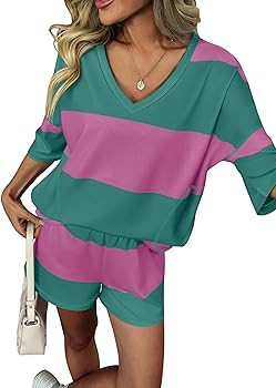 Ekouaer Two Piece Sets for Women Summer Lounge Sets 2026 Striped Shirts and Shorts Set Oversized ... | Amazon (US)