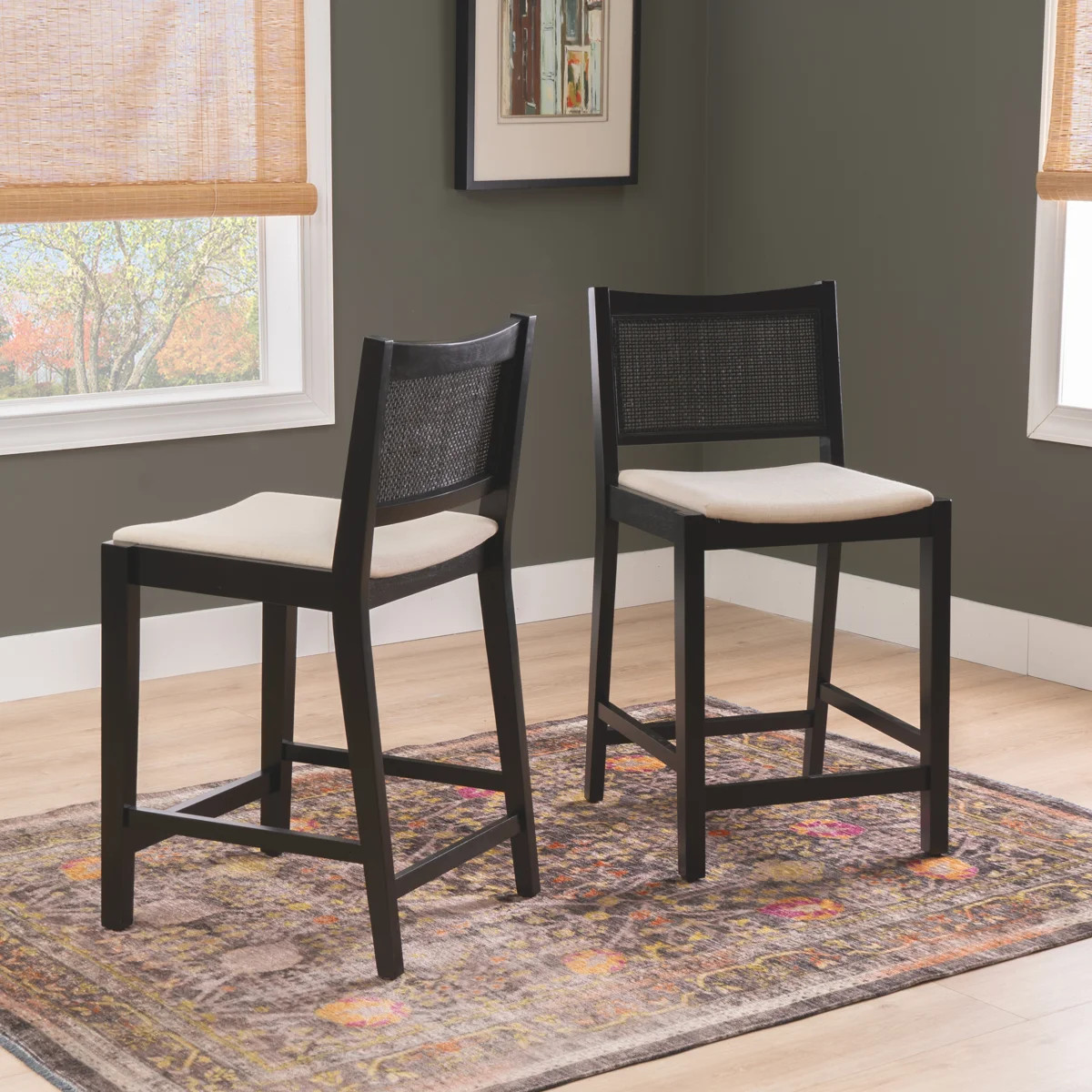 Lummie 19" W Square Upholstered Stool with Cane Back (Set of 2) | Wayfair North America