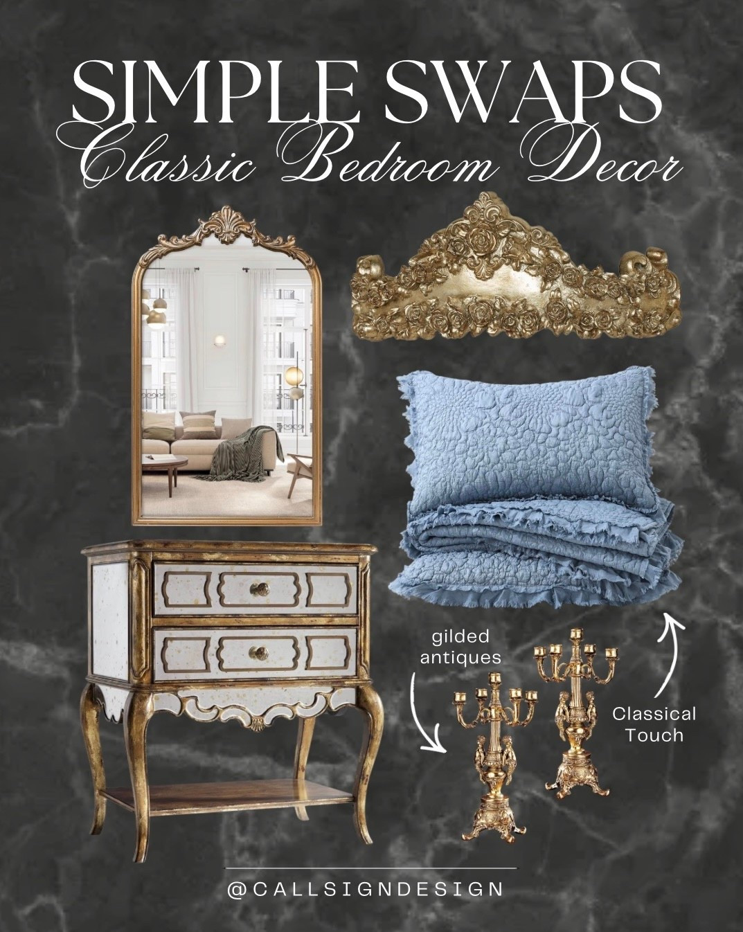 Gilded bedroom decor that feels warm, layered, and quietly luxurious. Soft metallic accents catch the light and add richness without overpowering the space. 💙✨

#GildedDecor #BedroomInspo #QuietLuxury #TimelessInteriors #GoldAccents #HomeDecor #InteriorStyling #DesignDetails #callsigndesign