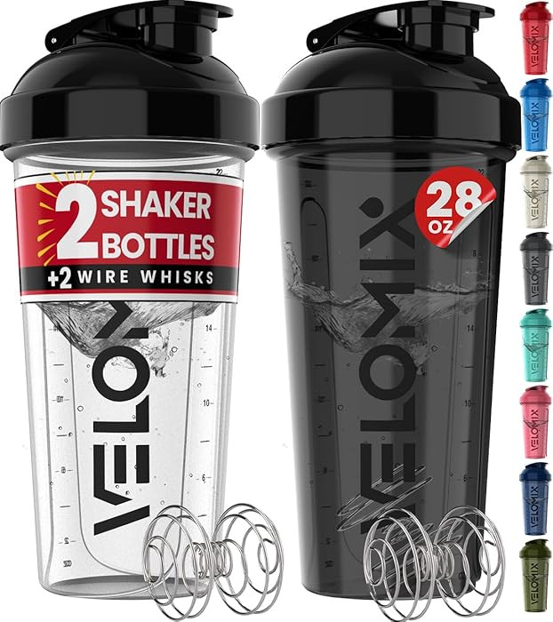 VELOMIX -2 Pack- 28 oz Protein Shaker Bottles for Protein Mixes - 2x Wire Whisk | Leak Proof Shak... | Amazon (US)