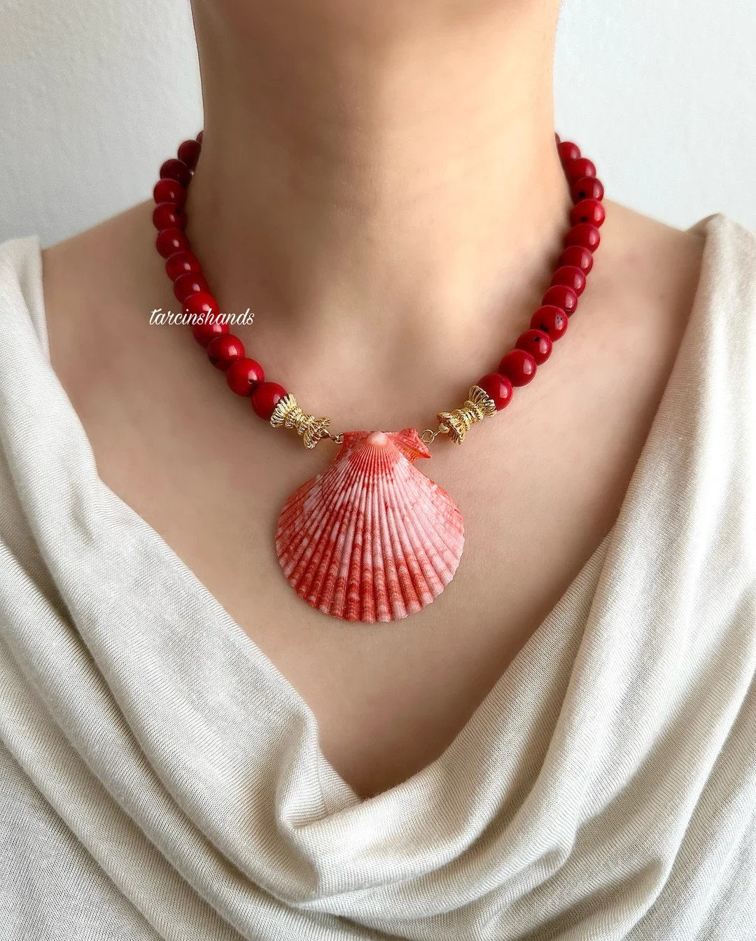Red Coral and Seashell Necklace With Pink Scallop Shell Pendant Gold Plated Mermaid Summer Jewelr... | Etsy (US)