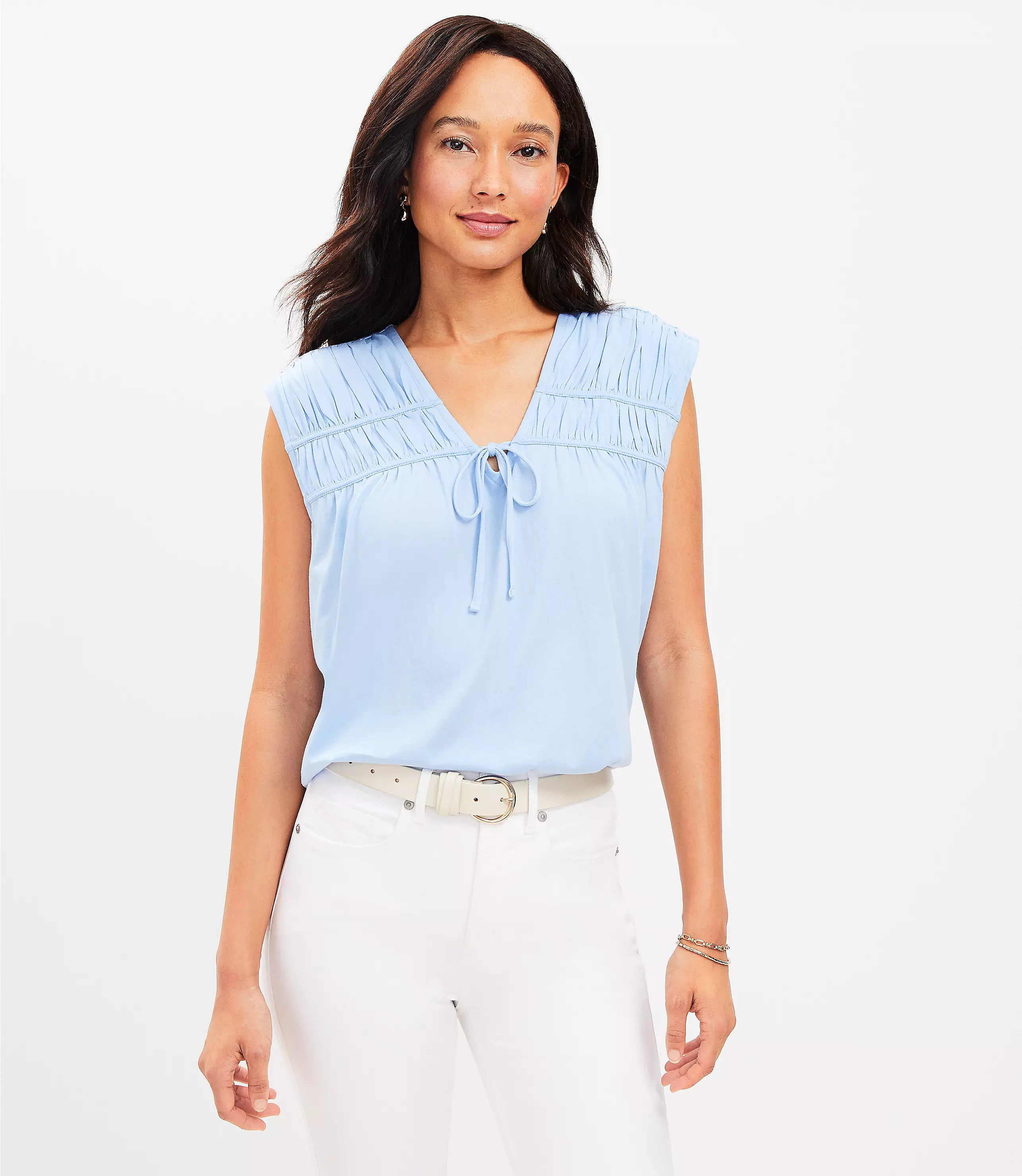 Shirred Tie Neck Top | LOFT