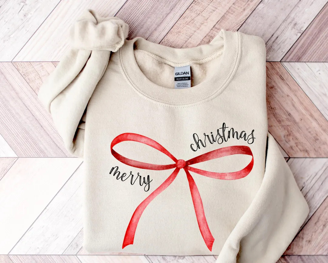 Merry Christmas Bow Sweatshirt: Vintage Coquette Xmas Gift - Etsy | Etsy (US)