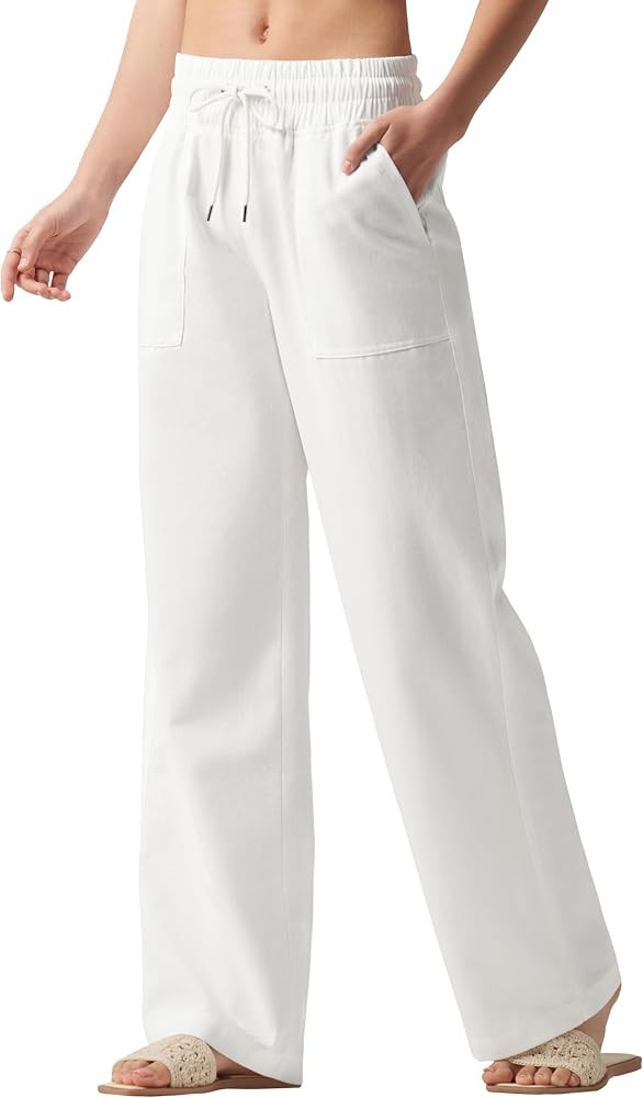 Women Linen Pants Wide Leg Palazzo Pants Cotton Linen Drawstring Summer Pants with Pockets 29"/31... | Amazon (US)