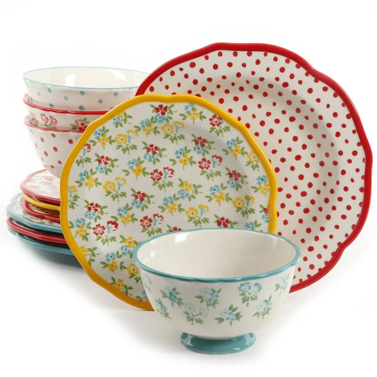 The Pioneer Woman Timeless Floral & Retro Dot 12-Piece Dinnerware Set | Walmart (US)