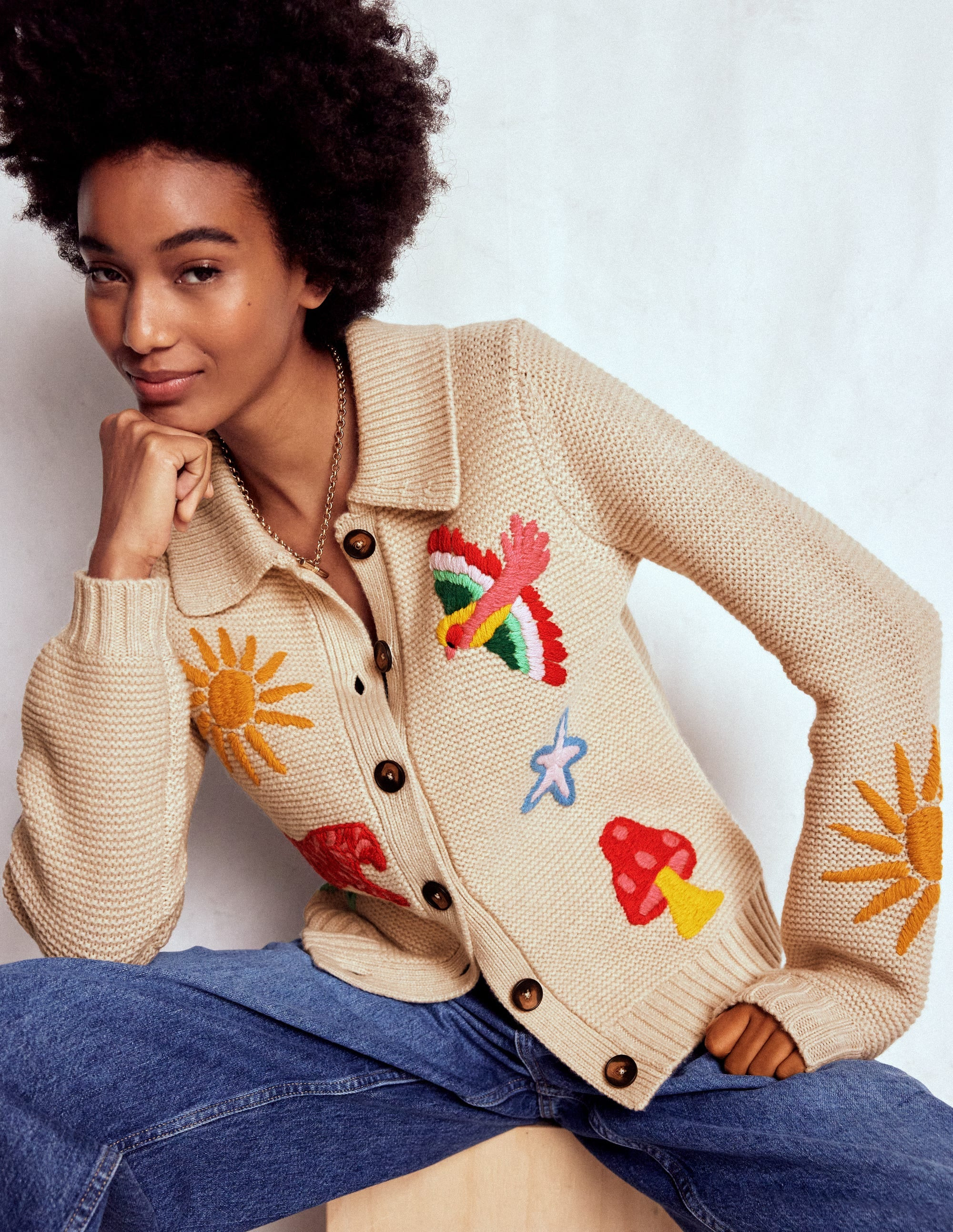 Embroidered Collared Cardigan-Ecru Marl | Boden (US)
