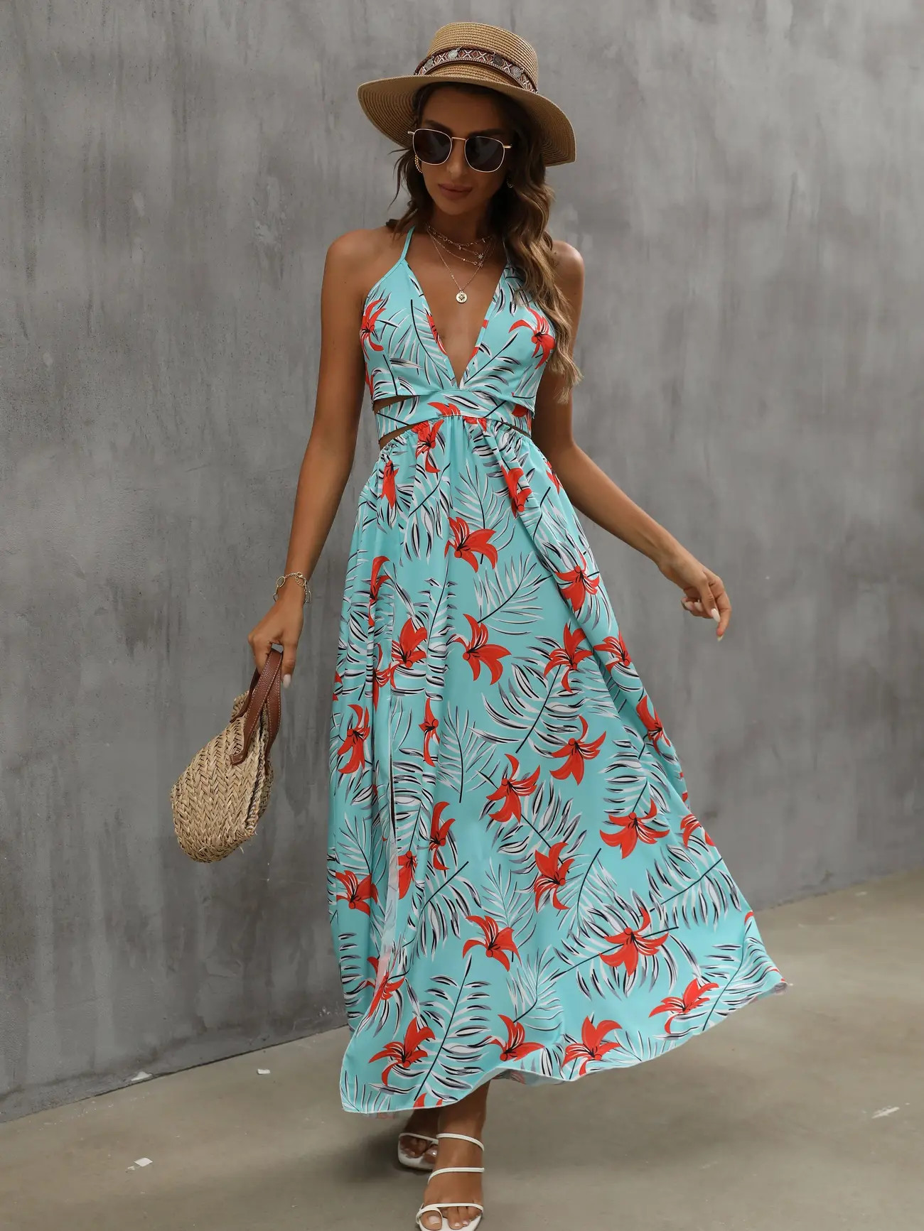 Tropical Print Cut Out Waist Dress, Sexy Backless Split Halter Dress, Women's Clothing | Temu Affiliate Program