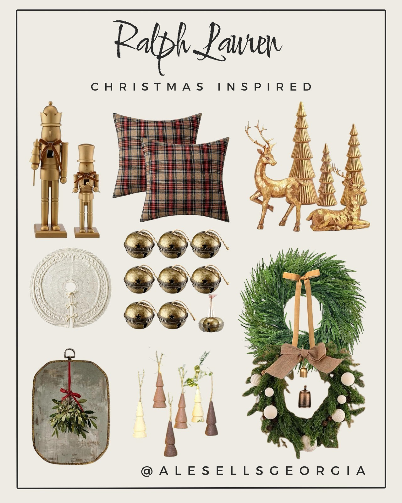 Ralph Lauren Christmas decor featuring gold Nutcrackers, woodland reindeer, plaid pillows, cable-knit tree skirt, and antique gold sleigh bell ornaments.

#RalphLaurenStyle #HolidayGold 

 #LTKHoliday #LTKHome #LTKSaleAlert