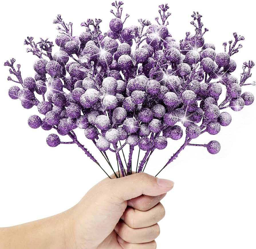 16 Pieces Artificial Glitter Berries Stems, 8-Inch Frosted Christmas Picks Berry Sprays Twig Glit... | Amazon (US)