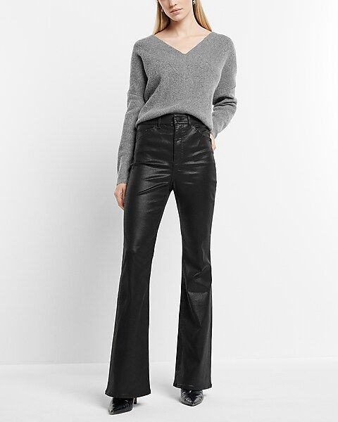 Super High Waisted Black Coated Flare Jeans | Express