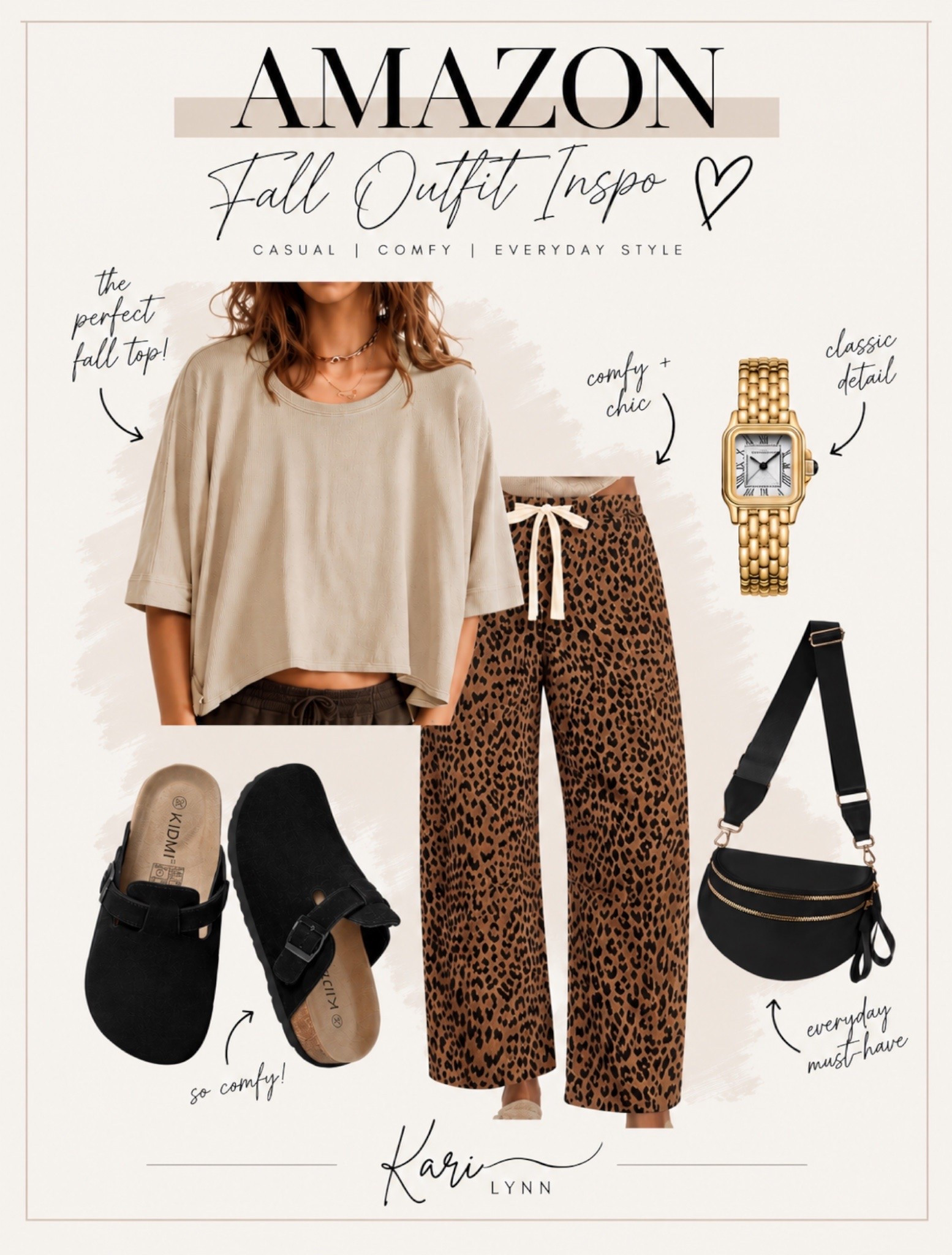 Fall outfit inspo that’s equal parts comfy + cute 🤎🐆 

These leopard pants paired with an easy oversized top, black clogs + simple accessories make the perfect throw-on-and-go fall look!