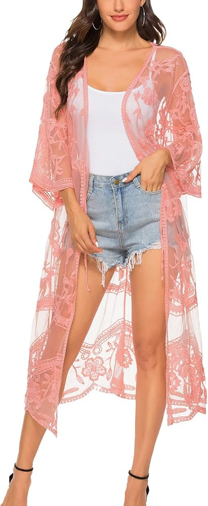 FaroDor Women's Flowy Bathing Suit Kimono Cardigan Lace Crochet Swimwear Floral Cover Ups | Amazon (US)