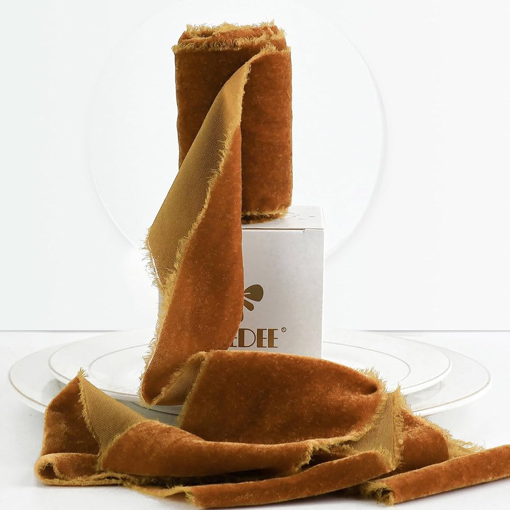 MEEDEE Orange Velvet Ribbon - 3 Inch Fringe, Raw Edge Silk Velvet for Wreaths, Flower Bouquet, Dr... | Amazon (US)