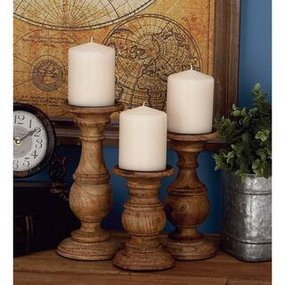 Litton Lane Brown Mango Wood Turned Style Pillar Candle Holder (Set of 3) 51536 - The Home Depot | The Home Depot