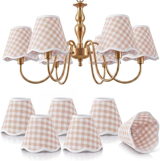 Gerrii 6 Pack Beige Gingham Chandelier Lamp Shades 2.9" Top x 5.9" Bottom x 5.1" High Mini Scallo... | Amazon (US)