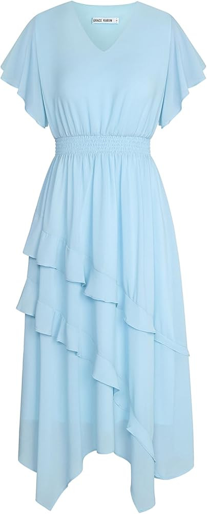GRACE KARIN Women's Casual Summer V Neck Flutter Ruffle Short Sleeve 2025 Empire High Waist Flowy... | Amazon (US)