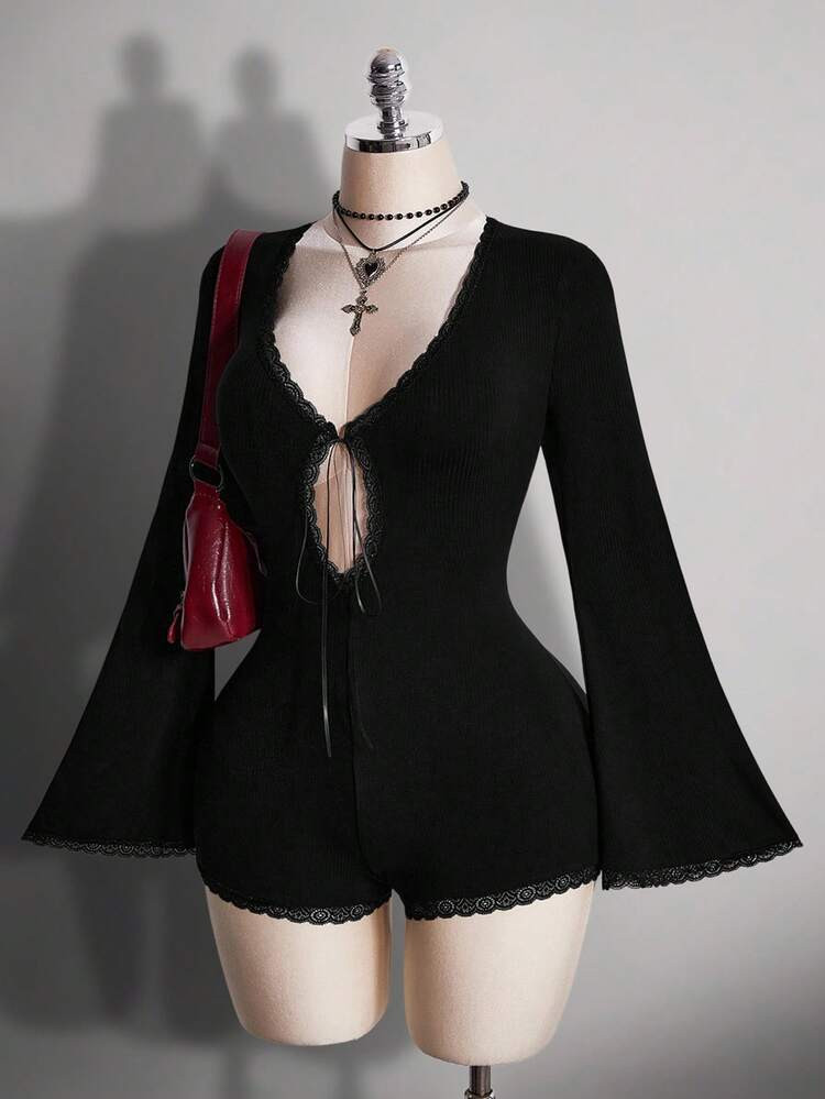 SHEIN ICON Women's Plus Size Autumn/Winter Warm Millennial Style Y2K Sexy Fashion Avant-Garde Bold Individual Street Punk Gothic Style Front Hollowed-Out Lace Patchwork Flared Long Sleeve Black Knit Ribbed Slim Fit Black Jumpsuit | SHEIN