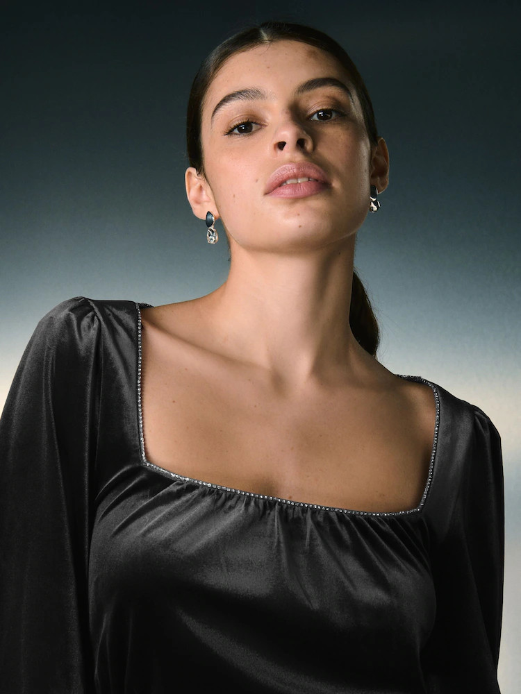 Black Embellished Neckline Velvet Long Sleeve Mini Dress | Next EU