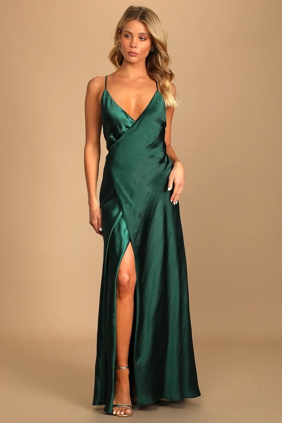 Fondly Loved Dark Green Satin Wrap Maxi Dress | Lulus (US)