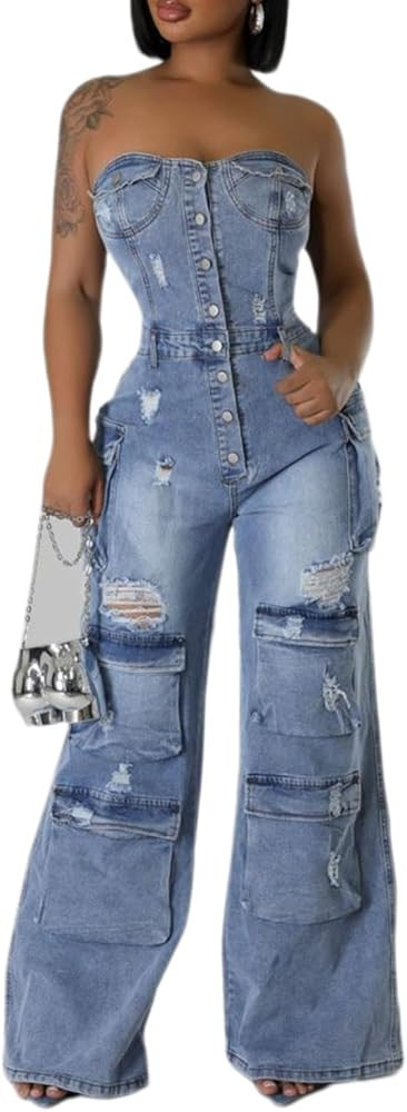 ksotutm Denim Jumpsuit for Women Strapless Multi Pockets Wide Leg Loose Baggy Jean Romper Cargo O... | Amazon (US)