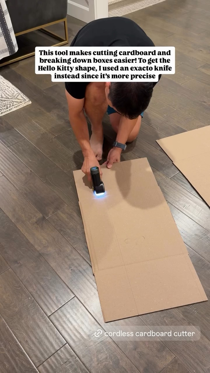 This tool makes cutting cardboard and breaking down boxes easier! To get the Hello Kitty shape, I used an exacto knife instead since it's more precise