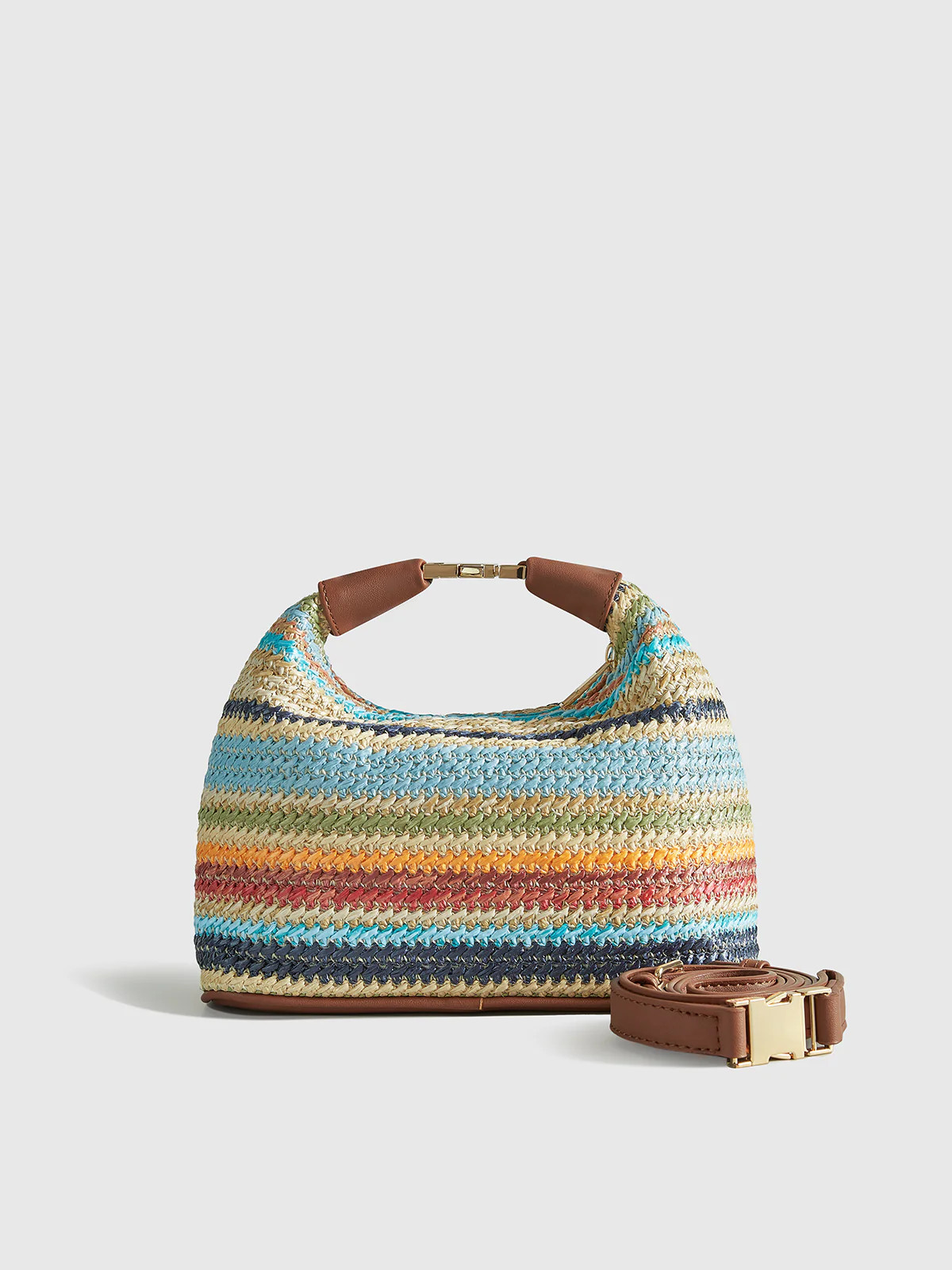 Color-Block Striped Straw Handbag with Leather Strap | Commense