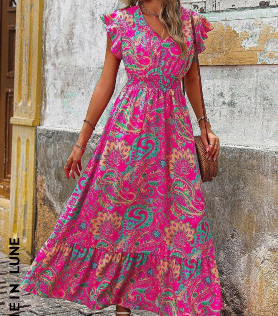 SHEIN LUNE Women's Casual Printed V-Neck Summer Holiday Dress With Flutter Sleeves, Pleated Waist And Ruched Hemline

#LTKStyleTip #LTKFindsUnder50 #LTKBeauty