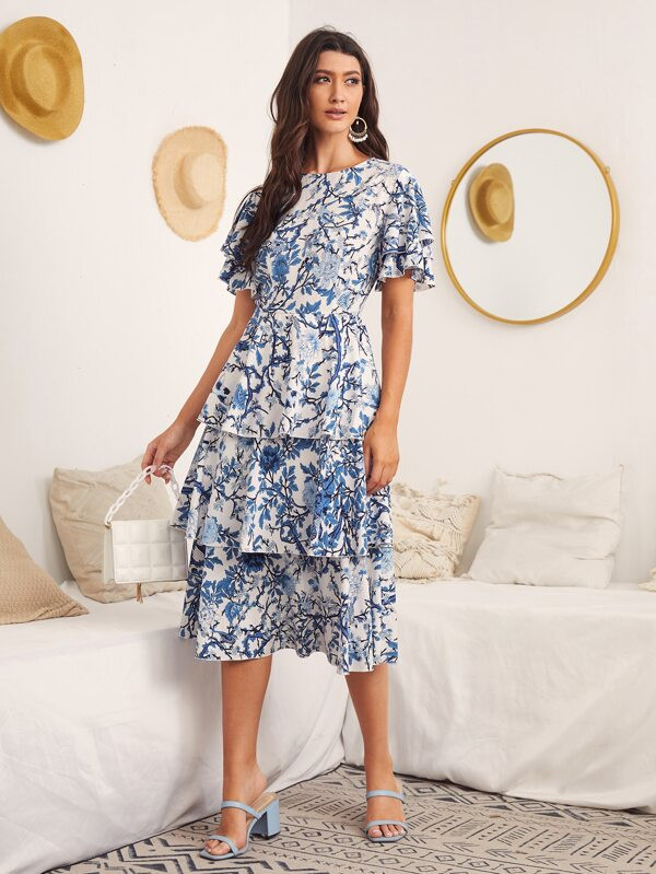 SHEIN Clasi Butterfly Sleeve Layered Hem Floral Dress | SHEIN