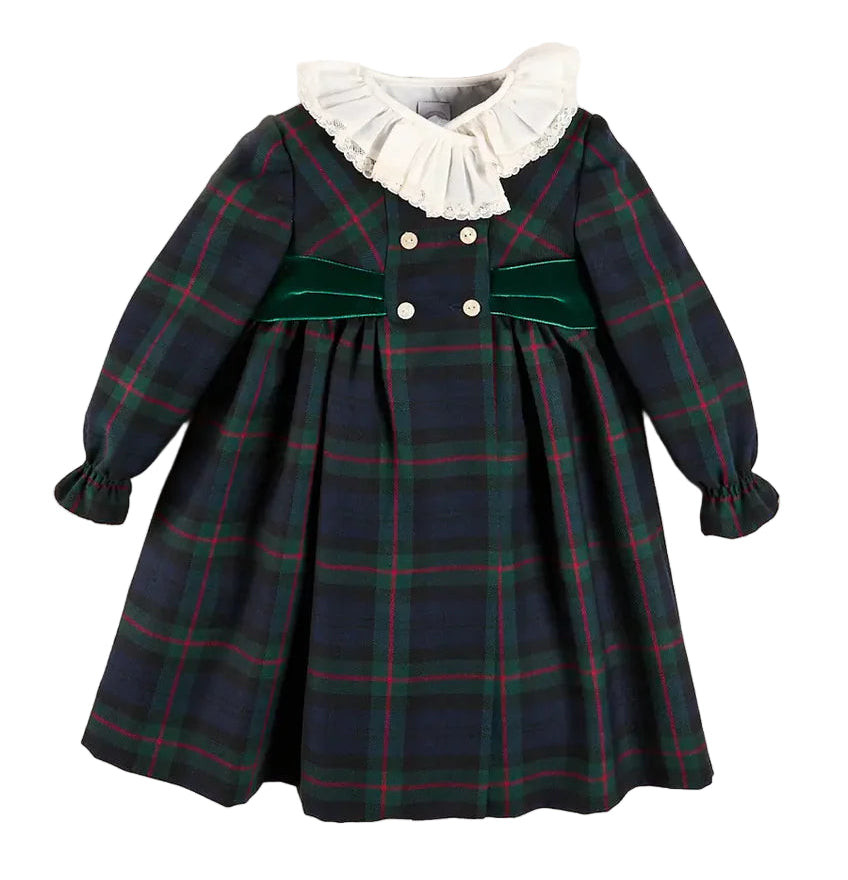 Pepa London Kinnerton Tartan Hand Smocked Double Breasted Velvet Bow Dress in Green | JoJo Mommy