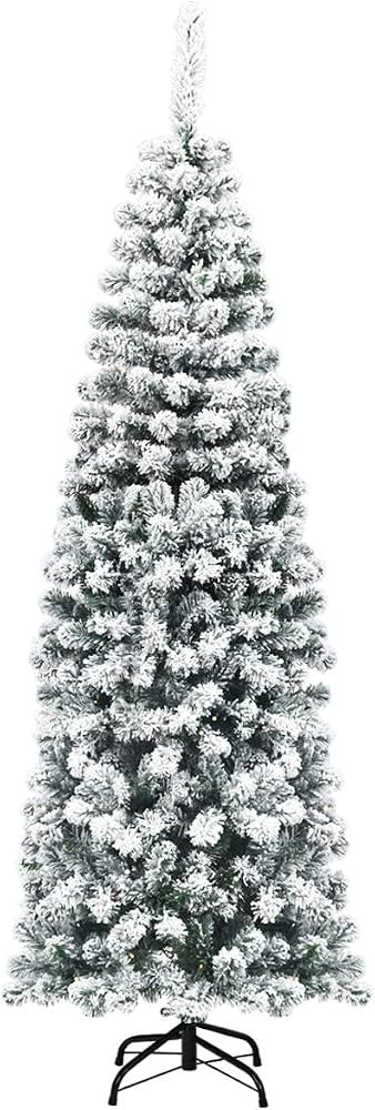 Goplus 6ft Snow Flocked Pencil Tree, Unlit Artificial Hinged Christmas Tree with Metal Stand, Sli... | Amazon (US)
