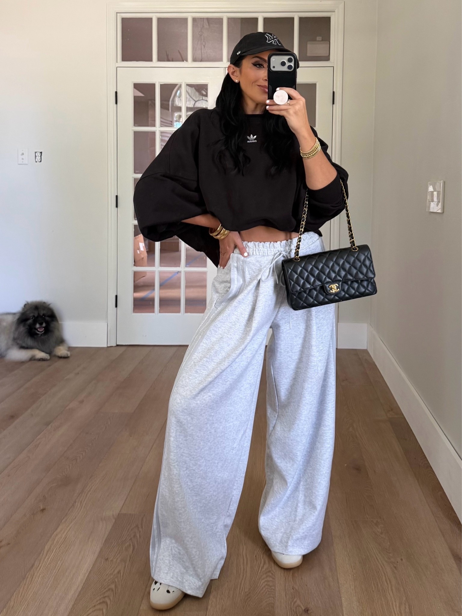 Adidas wide leg pants wearing size small. Essentials Small Logo Feelcozy Sweatshirt