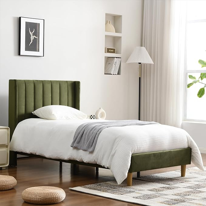 YUHUASHI upholstered Platform Bed Frame/Twin Bed Frame/Modern Geometric Double-Wing Design headbo... | Amazon (US)