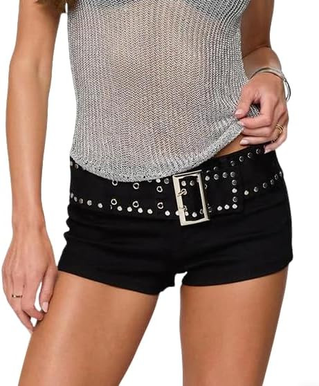 Women Y2K Low Waist Studded Shorts Punk Fold Over Slim Fit Skinny Micro Mini Shorts Low Rise Sexy... | Amazon (US)