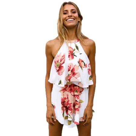 Women Casual Outfits Halter Sleeveless Floral Chiffon Tops and Shorts Set | Walmart (US)