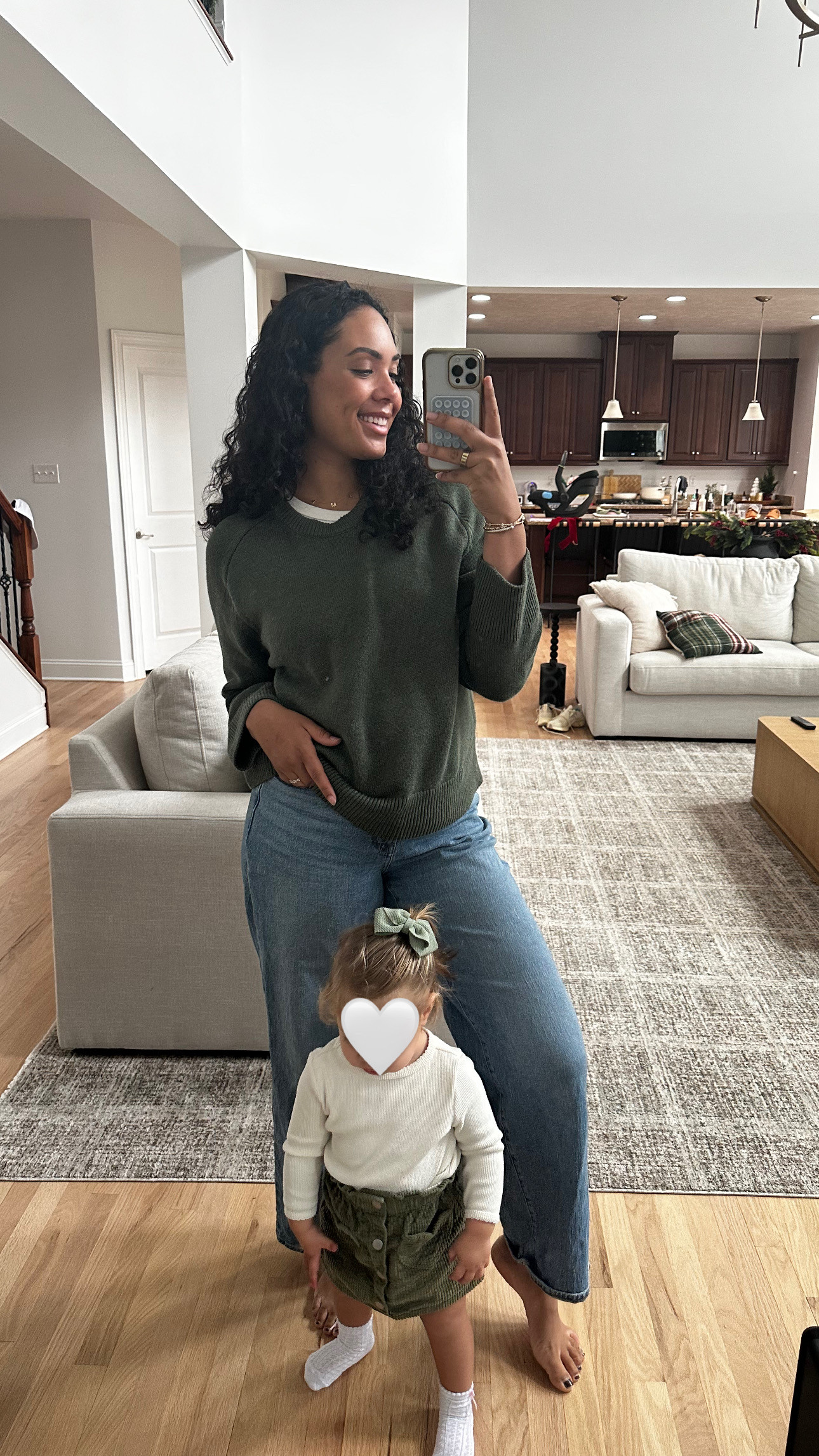 Outfit of the day! I've shared this sweater a few times before, I get so much wear out of it. Also linked Nora's outfit - the heart pockets on this skirt are the cutest & it comes in a few colors.   

 #LTKSeasonal #LTKFindsUnder100 #LTKBaby