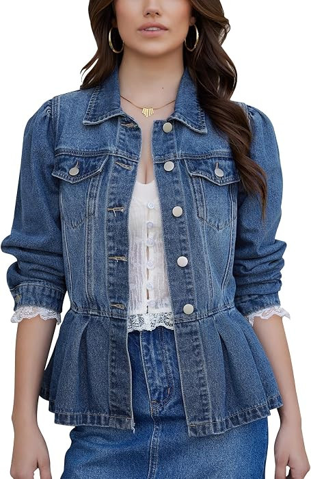 MISS MOLY Women Denim Jacket Puff Sleeve Peplum Jean Jacket     Ruffle Hem, 2 Chest Pockets, Vint... | Amazon (US)