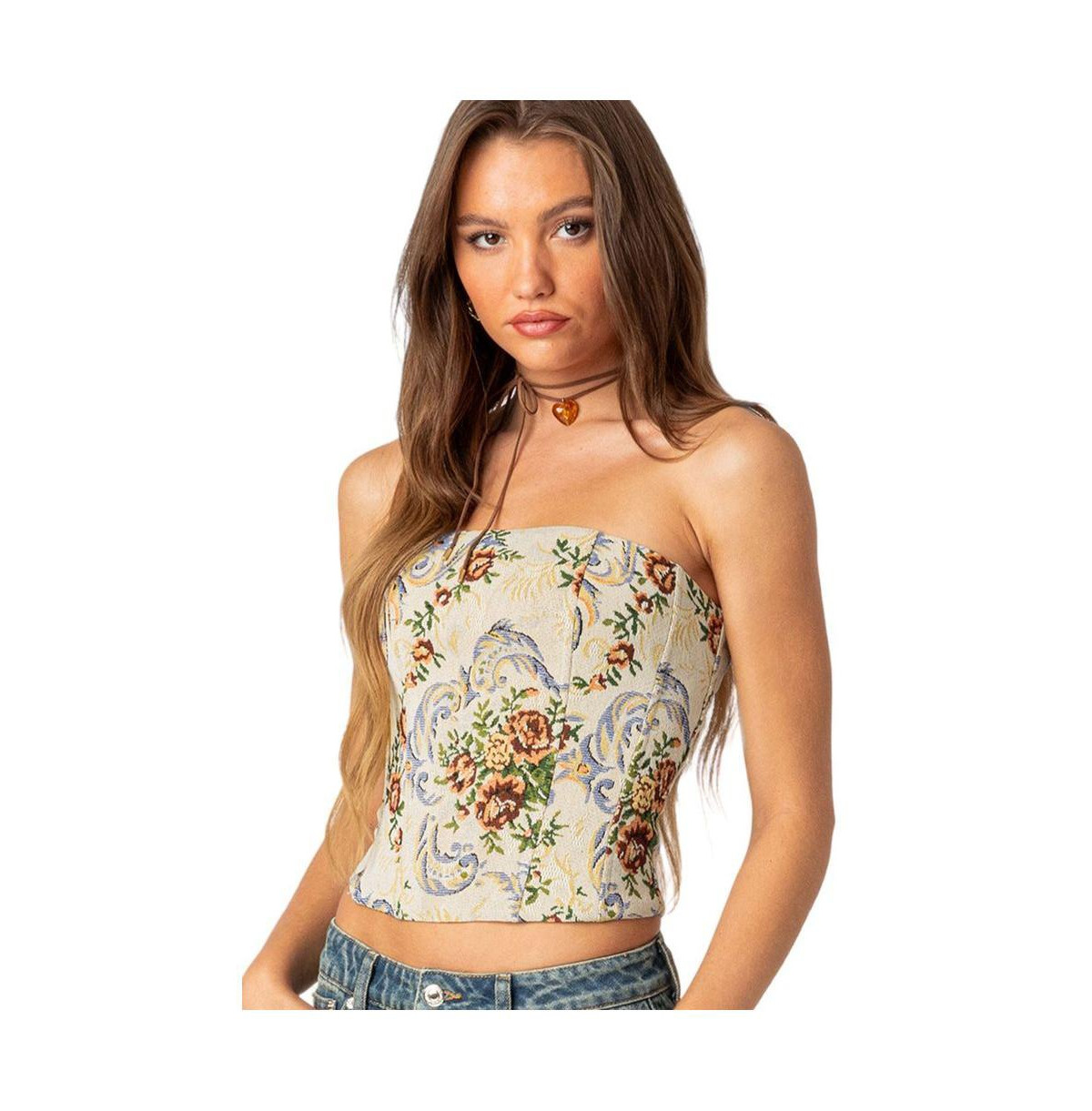 Floral tapestry lace up corset - Cream | Macy's
