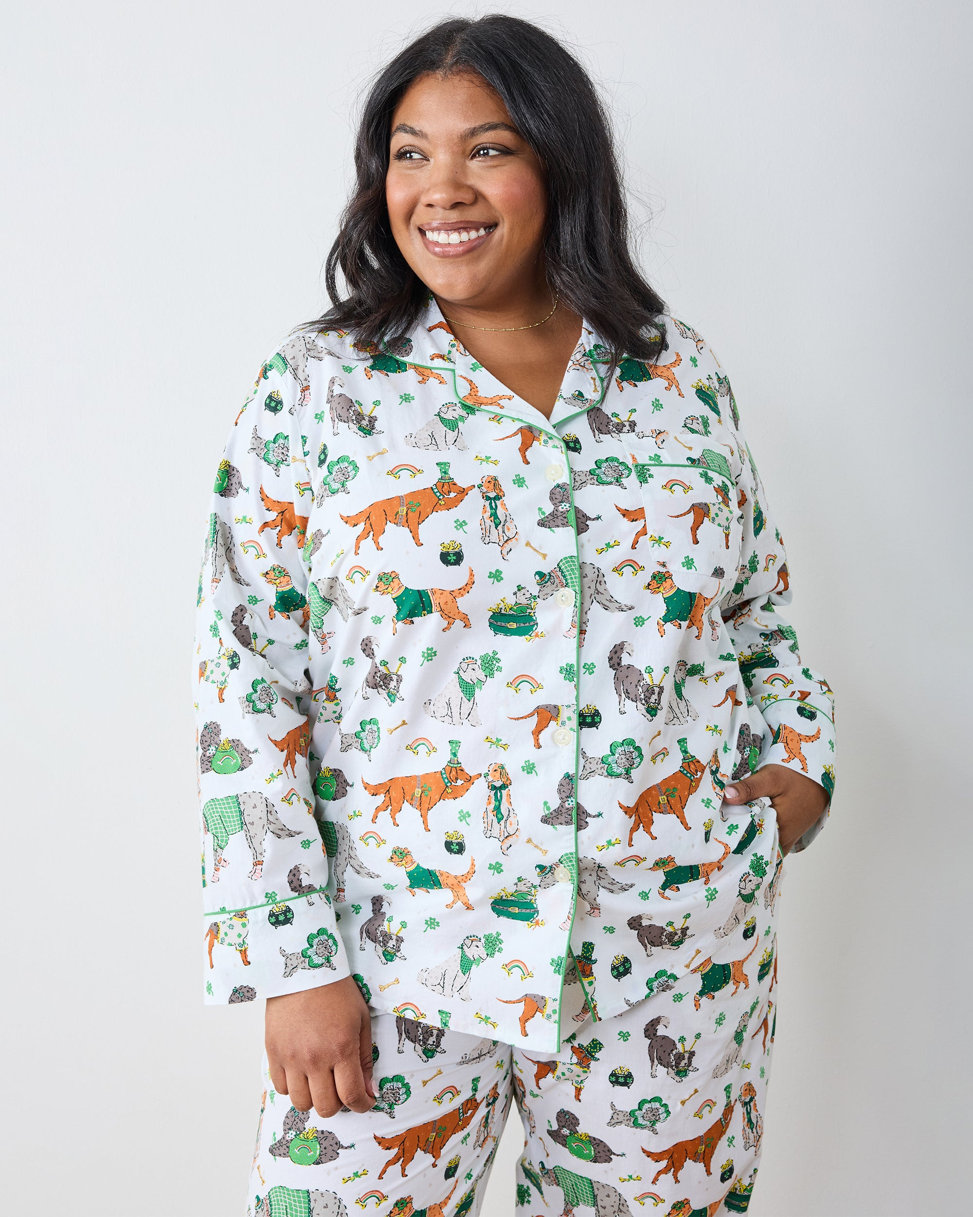 St. Patrick's Day Organic Cotton Long Pajama Set - White Lucky Paws - Women's Tall S/T Sleepwear | Printfresh