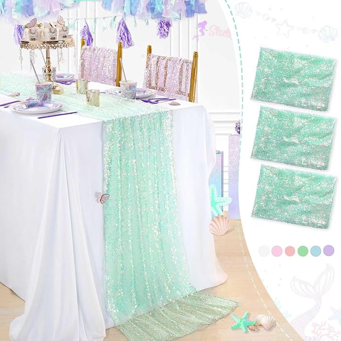 Green Table Runner 3 Pcs Sparkle Iridescent Table Runners 25x120 Inches Mermaid Themed Birthday P... | Amazon (US)