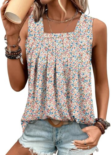 BETTE BOUTIK Front Pleated Flare summer tops Tanks loose fitting tops for women floral tank floral Apricot Pink XX-Large | Amazon (US)