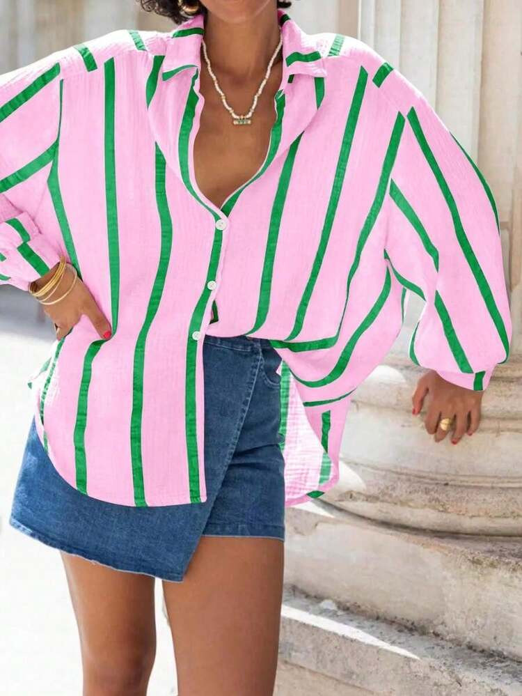 Women's Pink Striped Loose Chiffon Shirt, Elegant Cardigan Casual Blouse, Commuter Fashion Suitab... | SHEIN