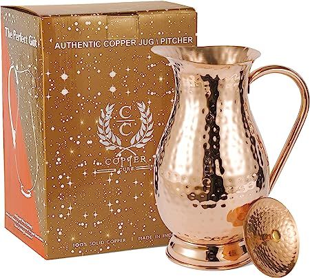 Copper Pitcher with a Lid - Pure Solid Copper Handcrafted Hammered Jug, Capacity 70 Oz, Pure Copp... | Amazon (US)