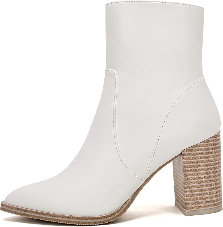 LAICIGO Women's Pointed Toe Ankle Boots Chunky Stacked Heel Side Zipper Faux Leather Ankle Booties | Amazon (US)