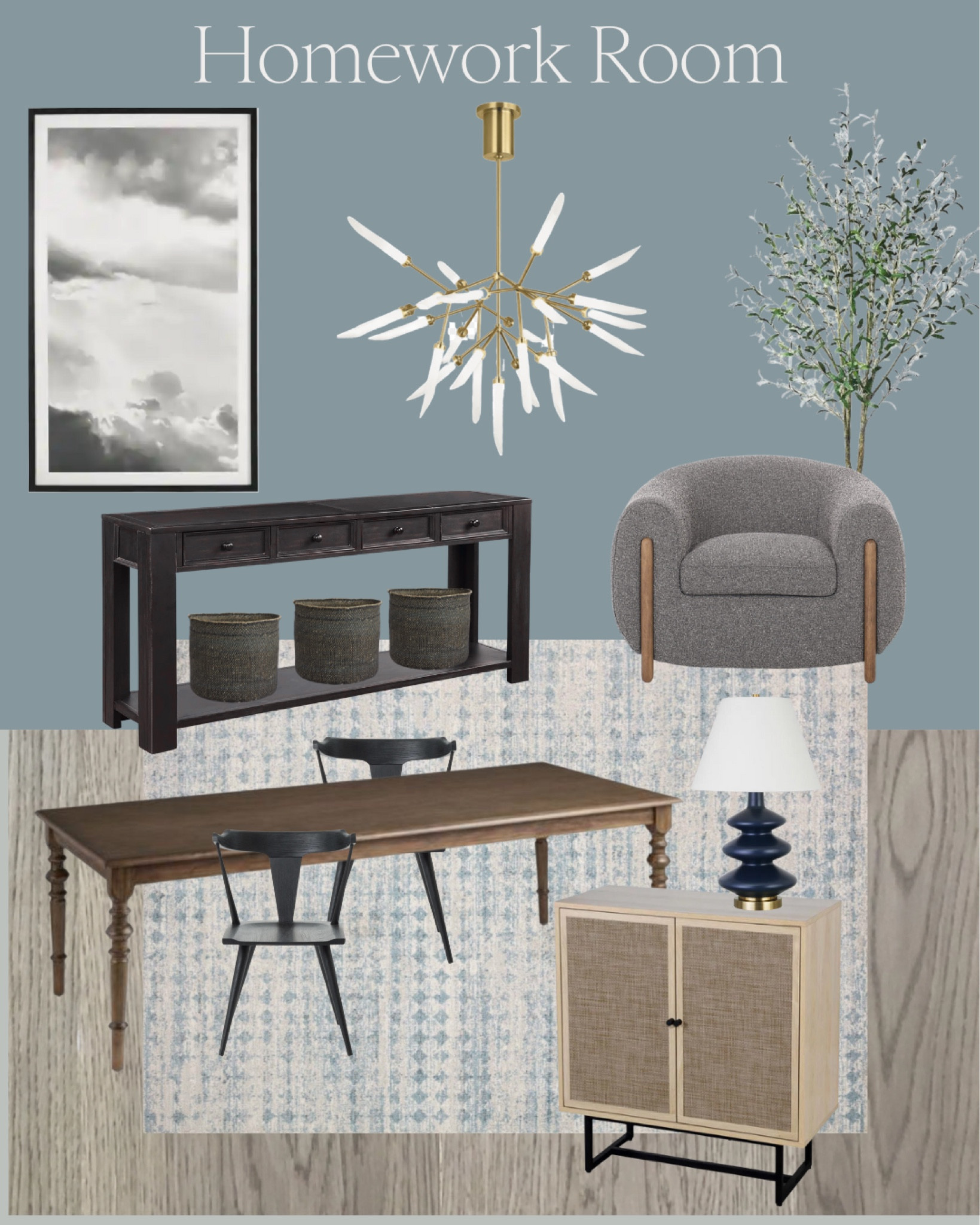 Homework room sources! Vintage table, staircase cabinet, blue rug, cloud art 